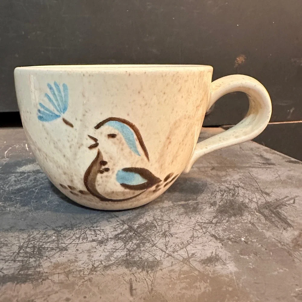 Red Wing Bob White Cup Saucer Set Vintage MCM Stoneware Quail Blue Brown 1950s
